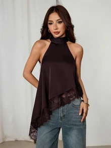 SHEIN PETITE 不對稱高領掛脖上衣，蕾絲飾邊，晚宴派對雞尾酒會正式優雅無袖款 - 紫紅色 - 查看 7