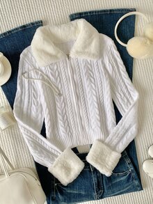 Comfortcana Women's Patchwork Fur Collar Long Sleeve Cable Knit Cardigan - Apricot - View 3