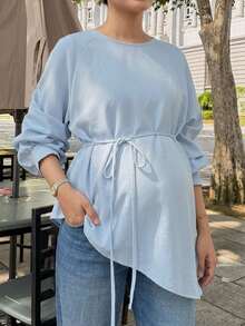 DAZY Solid Color Loose Long Sleeve Belted Elegant Vacation Spring/Autumn Cover-Up Maternity Top - Blue - View 1