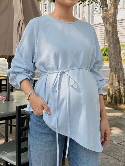 DAZY Solid Color Loose Long Sleeve Belted Elegant Vacation Spring/Autumn Cover-Up Maternity Top
