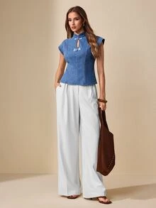Selenza Women's Fashion Versatile Cinched Waist Frog Button Denim Top - Blue - View 6