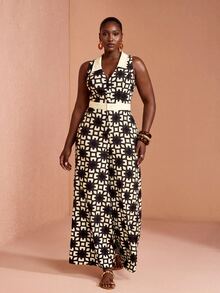 JIAN LASALA Jumpsuit Kasual Musim Panas Wanita Ukuran Plus Tanpa Lengan dengan Kerah dan Kancing, Motif Aneka Warna Kontras Warna - MultiWarna - View 5