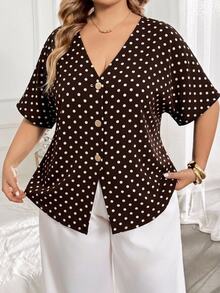 SHEIN CURVE+ Plus Size Autumn Casual Polka Dot Batwing Sleeve Open Collar Button Decor Shirt - Multicolor - View 6