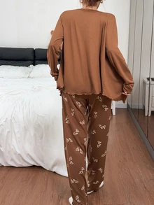 Napfluff Women's Casual Knitted Heart Print Pajama 3 Pieces Set - Multicolor - View 2