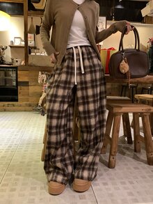 DAZY Women's Plaid Loose Casual Korean Style Long Pants - Coffee Brown - View 4