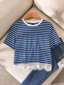 Story & Sage 休閒居家與度假女款 T-shirt，春夏寬鬆條紋蕾絲飾邊拼接短袖上衣 - 寶藍色 - 查看 3