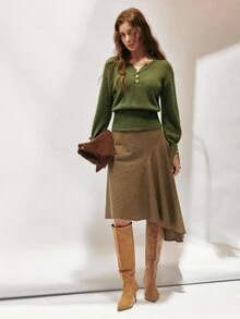 SHEIN Women's Sweater Slim Fit Lantern Sleeve Knitted Henley Neck Metal Buttons Ribbed Hem Elegant Retro Casual Green Solid Fall Clothes For Women Autumn - Army Green - View 4