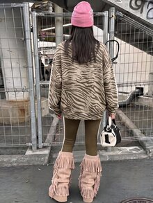 Teen Girl Round Neck Zebra Print Long Sleeve Sweatshirt & Leggings 2pcs Set, Suitable For Autumn/Winter - Multicolor - View 2