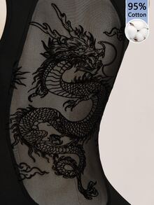 SHEIN ICON Women's Stand Collar Back Patchwork Chinese Dragon Mesh Sleeveless Fitted Romper Unitard - Black - View 11