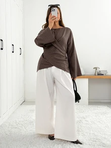 Shapeblank Plus Size Women's Solid Color Casual Versatile Daily Wear Long Sleeve Shirt - Brown - View 6