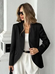 Pariaura European And American Style Autumn/Winter New Fashion Versatile Collarless V-Neck Elegant Commute Classic Design Button Decor Blazer - Black - View 4