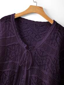 GlowEve CURVE Plus Size Elegant Hollow Out 3/4 Sleeve Round Neck Tie Bow Cardigan - Violet Purple - View 7