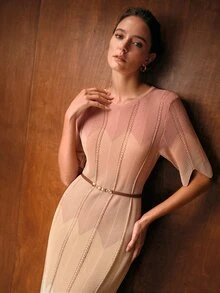 MOTF PREMIUM GAUN RAJUT KASUAL MUSIM PANAS WANITA DENGAN MOTIF BLOK WARNA - Dusty Pink - View 7