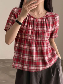 Yumoku 休閒女款夏季格紋短袖襯衫 - 紅色 - 查看 1
