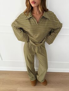 Siren Gaze 女款條紋長袖上衣與長褲休閒日常兩件套 - 軍綠色 - 查看 6