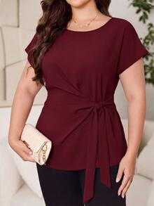 Reflora Plus Size Women's Solid Color Casual Versatile Everyday Shirt - Burgundy - View 4