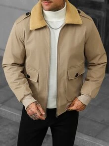 Manfinity CasualCool 男士羊羔毛領夾克，卡其色厚實保暖內裡工作夾克，修身版型，適合冬季通勤、街頭休閒穿著與度假 - 卡其色 - 查看 5