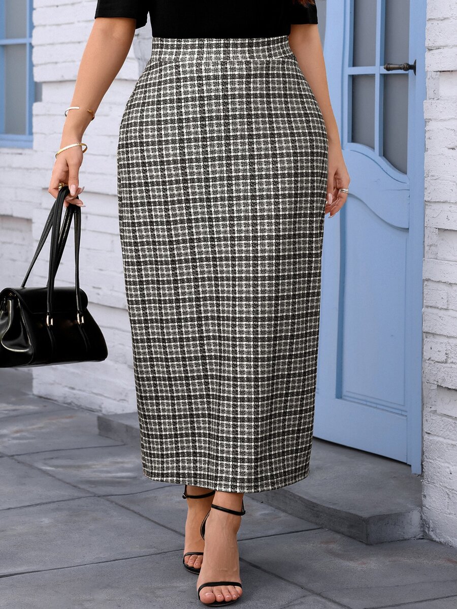 EMERY ROSE Plus Size Women's Autumn/Winter Casual Elegant Streetwear Plaid Back Slit Skirt Fall Going Out,Formal,Business, Office - Black and White - View 1