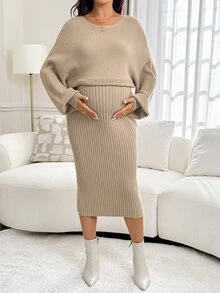 Lyckli Maternity Solid Color Round Neck Casual Daily Knit Dress - Apricot - View 2