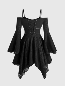 ROMWE Gothic Black Knit Spaghetti Strap Batwing Sleeve Asymmetrical Hem Mini Dress For Women - Black - View 2