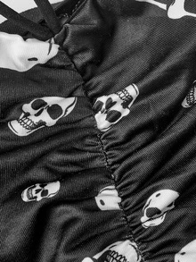 ROMWE Gothic Sexy V-Waist Tie-Up Flare Pants With Skull Print And Velvet Patchwork For Women - Black - View 3