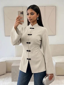 Veilorie Women's Long Sleeve Arabic Style Top With Frog Button Design - Khaki - View 6