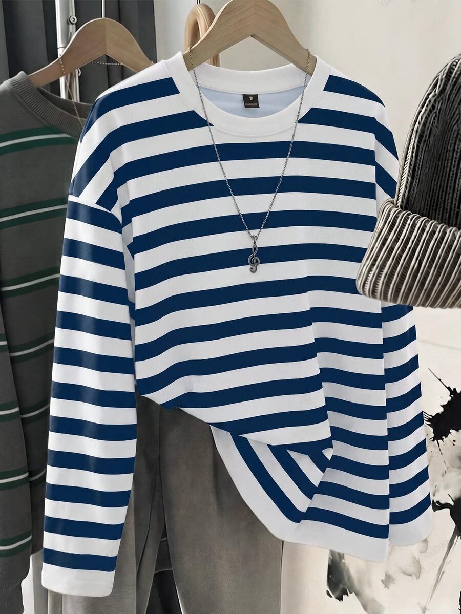 SHEIN EZwear 女款圓領條紋休閒日常長袖T恤 - 彩色 - 查看 1