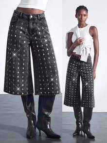 Maija Celana Jeans Denim Wanita Model Potongan Pendek dengan Saku dan Hiasan Rhinestone - Grey - View 7