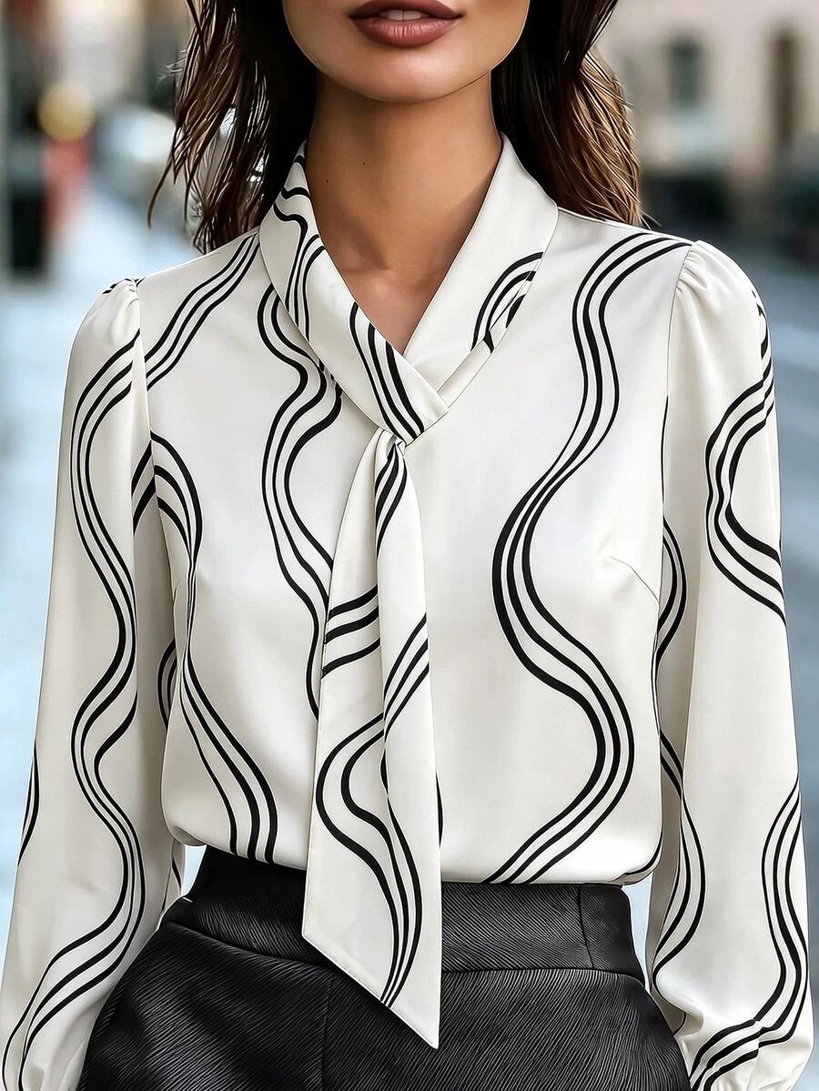 Penseblé Blus Elegan Lengan Panjang Motif Gelombang Hitam Putih Gaya Prancis LilyWest-D - Putih - View 1