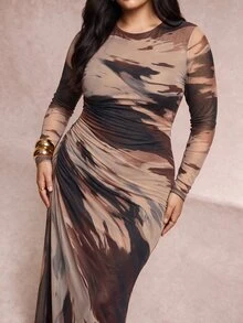 SHEIN Tall CURVE 大尺碼紮染長袖抓皺度假洋裝 秋季款 - 彩色 - 查看 5