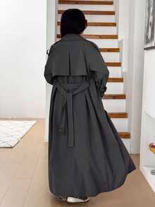 SHEIN EZwear 女款黑色編織長版休閒防風外套 秋冬款 - 深灰色 - 查看 2