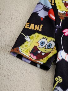 SpongeBob SquarePants | SHEIN 小男孩圓領短袖上衣與短褲休閒套裝 - 黑色 - 查看 5