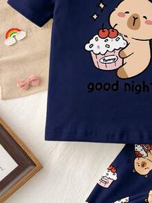 Sweet Dream 系列女童可愛水豚圖案長袖長褲睡衣套裝，舒適休閒居家服，適合秋冬，女童秋季服飾，女童睡衣套裝，女童貼身衣著 - 彩色 - 查看 3