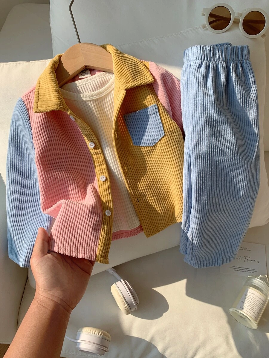 2pcs Baby Boy & Girl Toddler Autumn/Winter Colorblock Corduroy Long Sleeve Shirt & Elastic Waist Pants Set, Versatile & Comfortable - Multicolor - View 1
