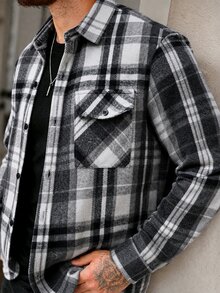 Manfinity Homme Men's Plaid Long Sleeve Single-Breasted Pocket Shacket - Black and White - View 1