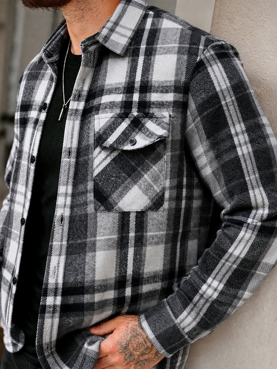 Manfinity Homme Men's Plaid Long Sleeve Single-Breasted Pocket Shacket - Black and White - View 1