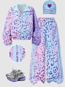 SHEIN 青少年女孩亮片豹紋拼色夾克外套與長褲休閒 Y2K 風格秋冬運動套裝 - 彩色 - 查看 1