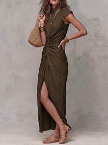 Solivie Women's Solid Color Pleated Elegant Waist-Cinched Long Dress For Party And Gathering - Coffee Brown - View 3