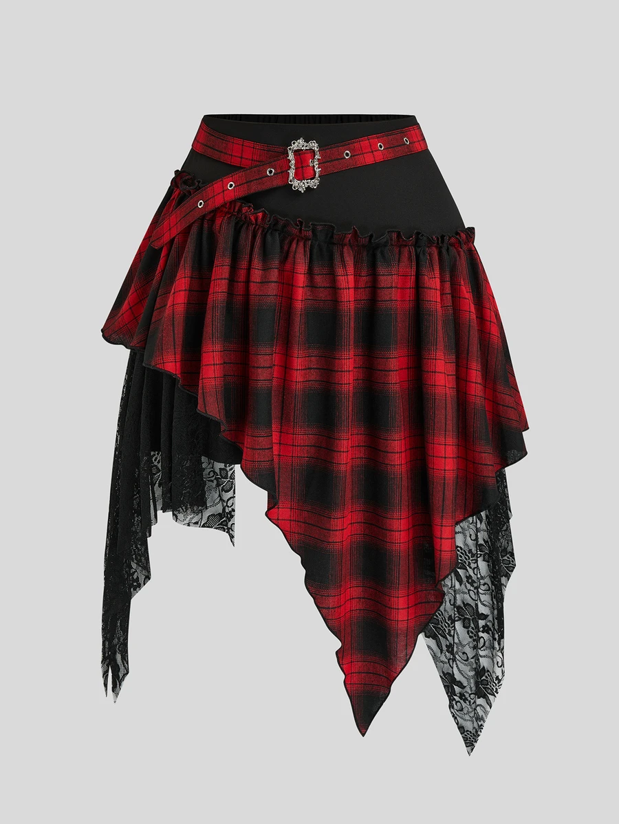 Sweetra Plus Size Autumn/Winter Vintage Plaid Patchwork Mesh Asymmetrical Hem Skirt - Multicolor - View 1