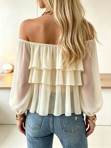 Cévolie French Style Ruffle Off-Shoulder Top - Apricot - View 2