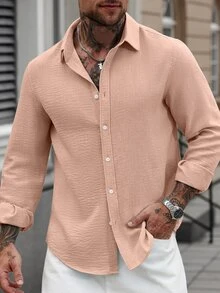 Manfinity CasualCool 男士素色休閒百搭日常穿著長袖襯衫 - 粉色 - 查看 5