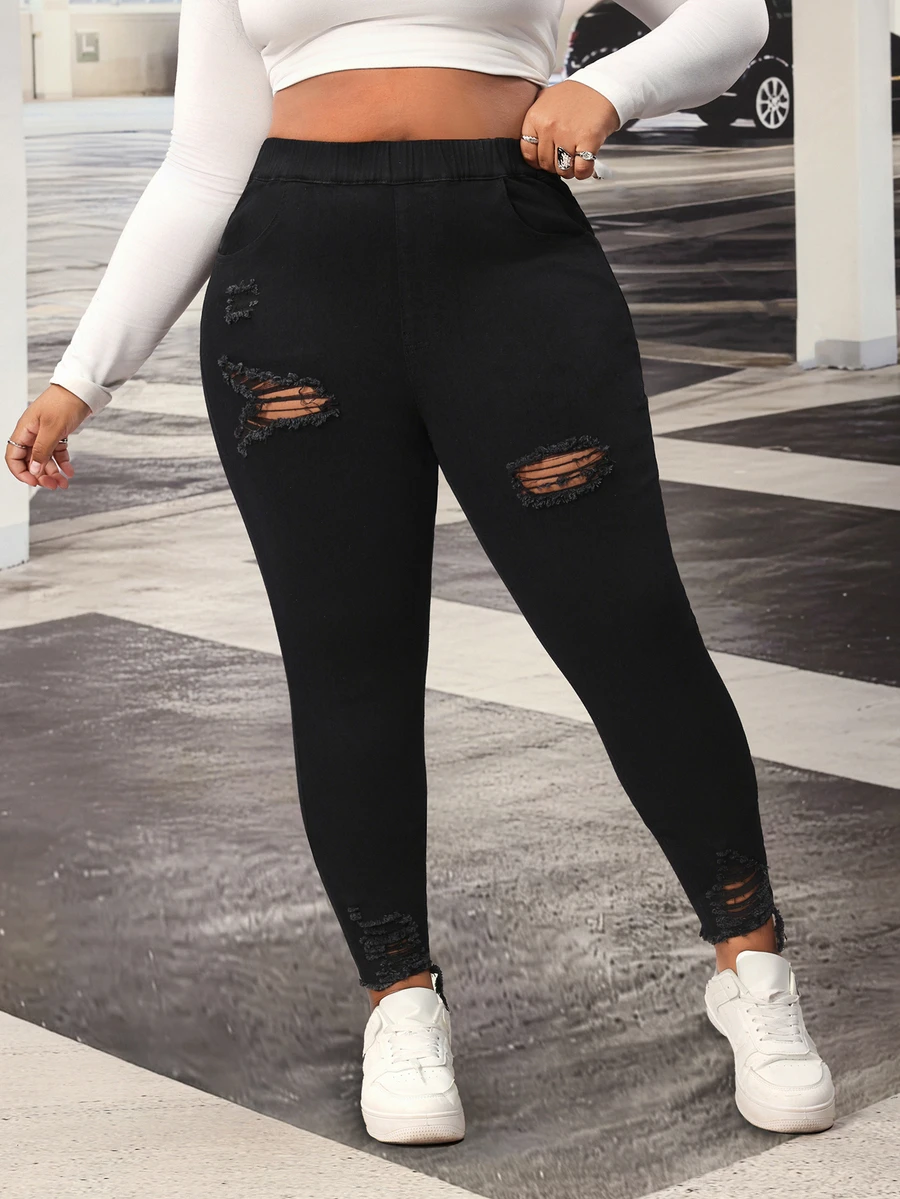 Slaydiva Women's Plus Size Fashion Sexy Versatile Ripped Skinny Jeans - Black - View 1