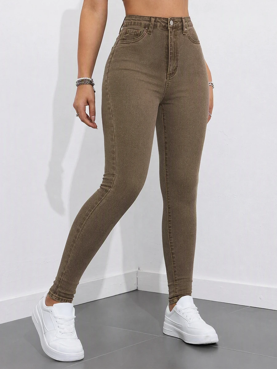 SHEIN ICON 女款休閒日常牛仔褲,附口袋與鈕扣 - 棕色 - 查看 1