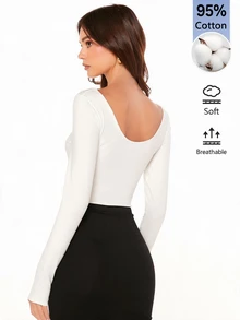 SHEIN BASICS 女款純色極簡長袖T恤，適合日常穿著 - 白色 - 查看 2