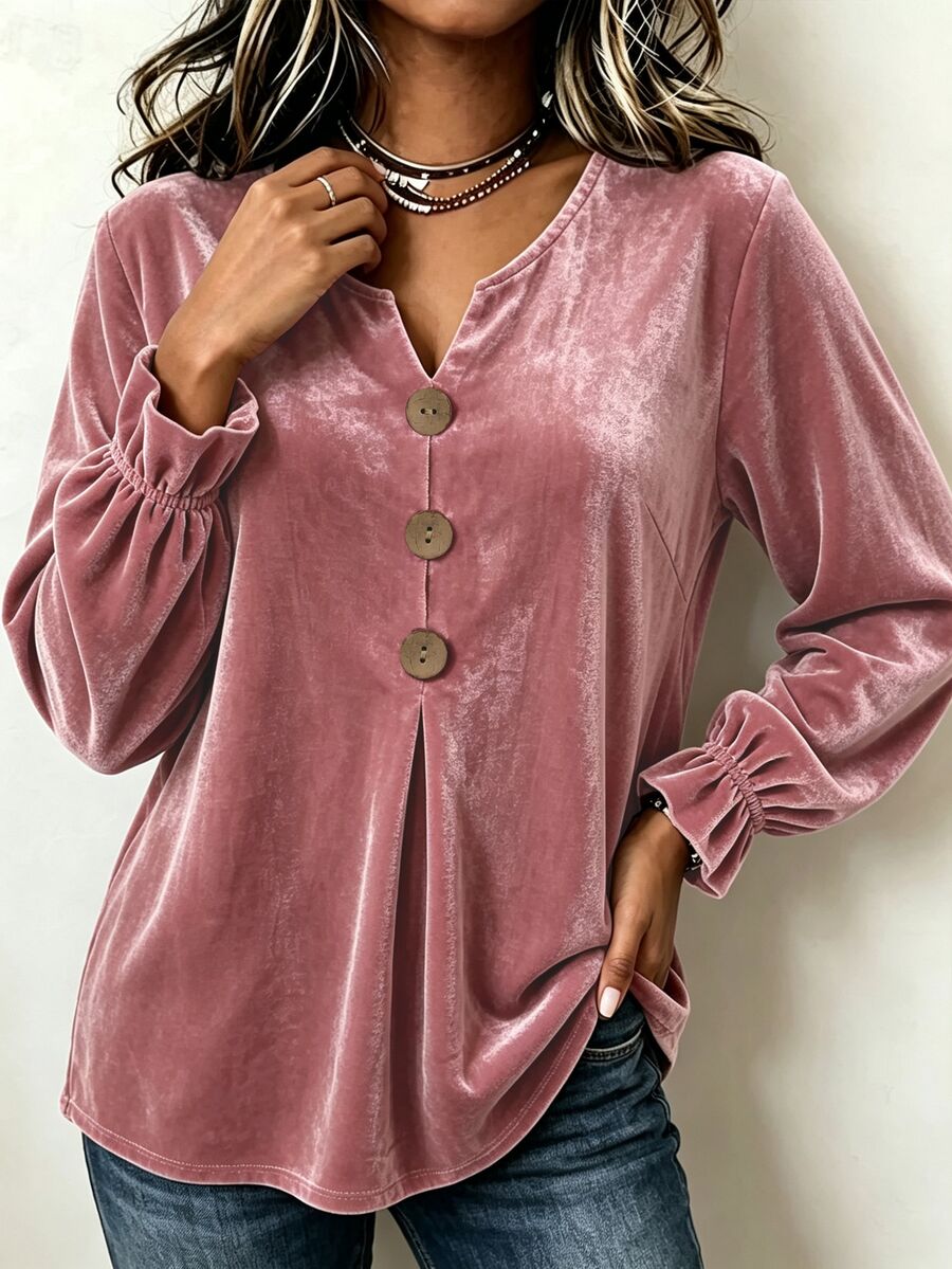 Linhara CURVE Plus Size Women's Autumn/Winter Pink Small V-Neck Button Decor Long Sleeve Petal Sleeve Loose Slimming Blouse - Pink - View 1