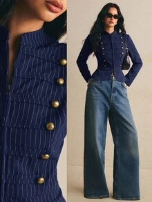 Poéselle Jaket Napoleon Kasual Wanita Lengan Panjang Bergaris dengan Kancing - Royal Blue - View 2