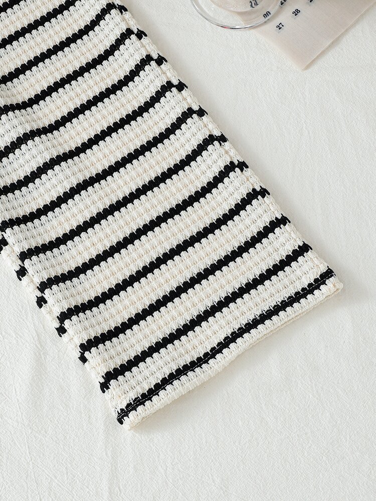 SHEIN Young Girls Striped 2pcs Knit Set, Half Zip Long Sleeve Pullover & Wide Leg Pants Pack, Casual Soft - Black and White - View 7