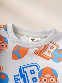 Blippi X SHEIN بلوزة رياضية كاجوال بأكمام طويلة وياقة دائرية مطبوعة بحروف للأولاد الصغار - رمادي - مشاهدة 3