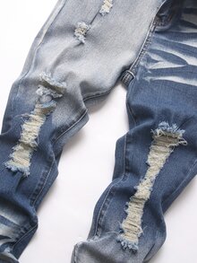 SHEIN Kids Tween Boy Retro Streetwear Dark Blue Denim Ripped Stretch Tight Skinny Jeans Back-To-School School Autumn - Blue - View 3