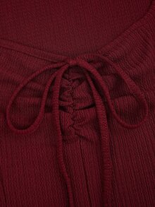 Sweetra Plus Size Women's Solid Color Front Tie Flare Sleeve Elegant Waist-Cinching A-Line Dress Fall - Burgundy - View 5